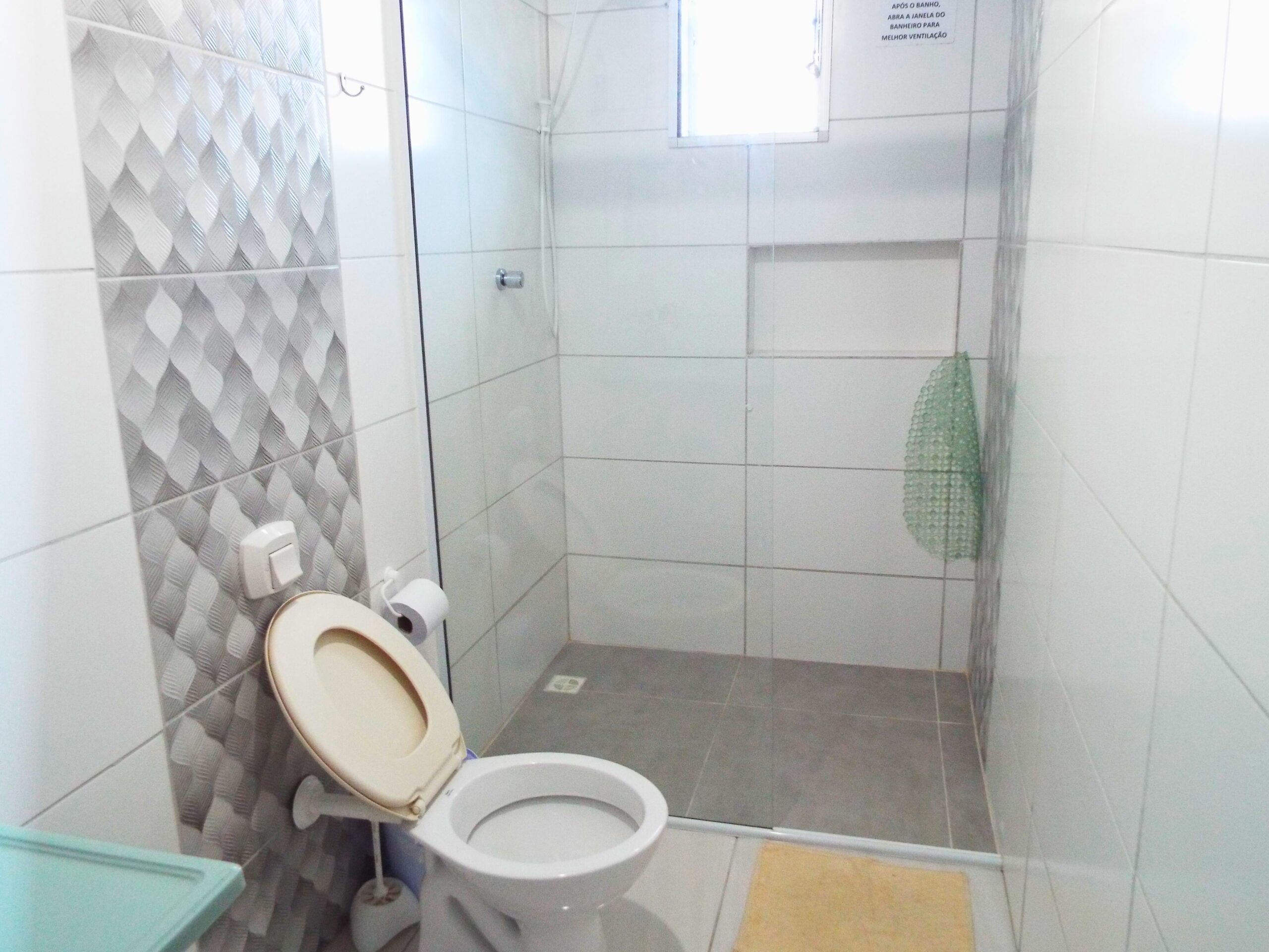 Banheiro com uma privada, box com tapete emborrachado, tapete na frente do box